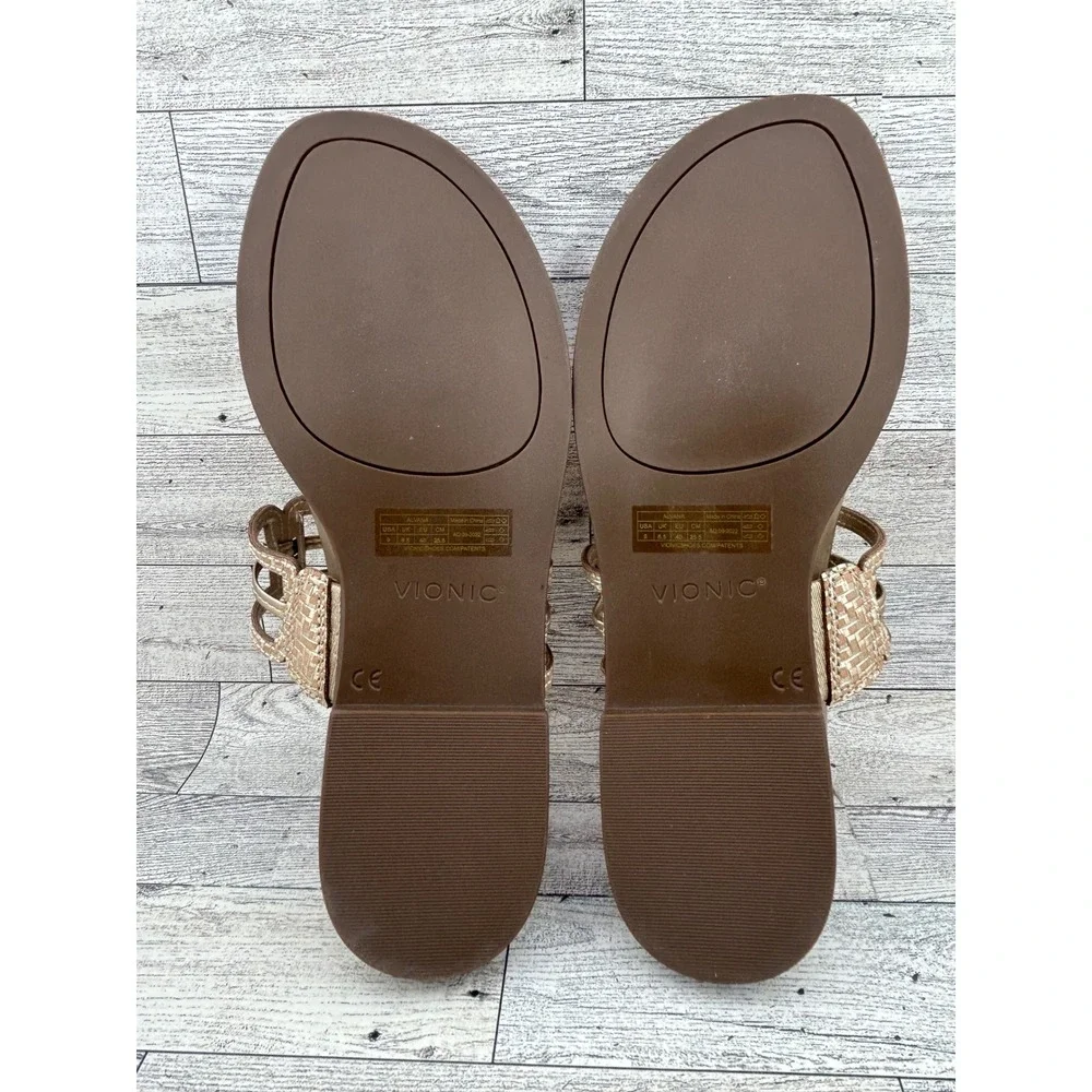 Vionic Alvana Champagne Gold Metallic Orthotic Thong Sandals Women Sz 9
